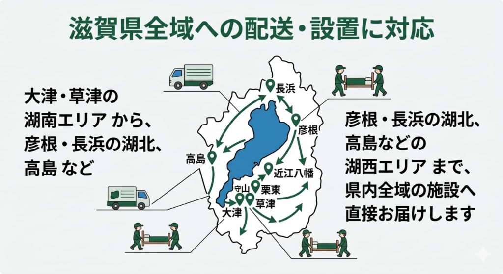 滋賀県全域（大津、草津、彦根、長浜、高島など）の中古介護ベッド配送・設置対応エリアマップ