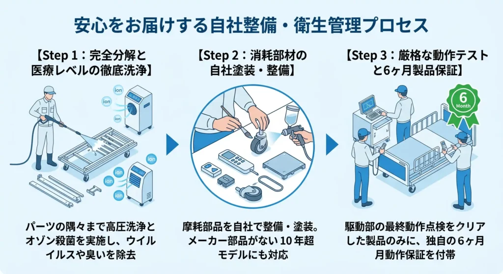 中古介護ベッドの完全分解洗浄から消耗品整備・6ヶ月保証付与までのフロー図
