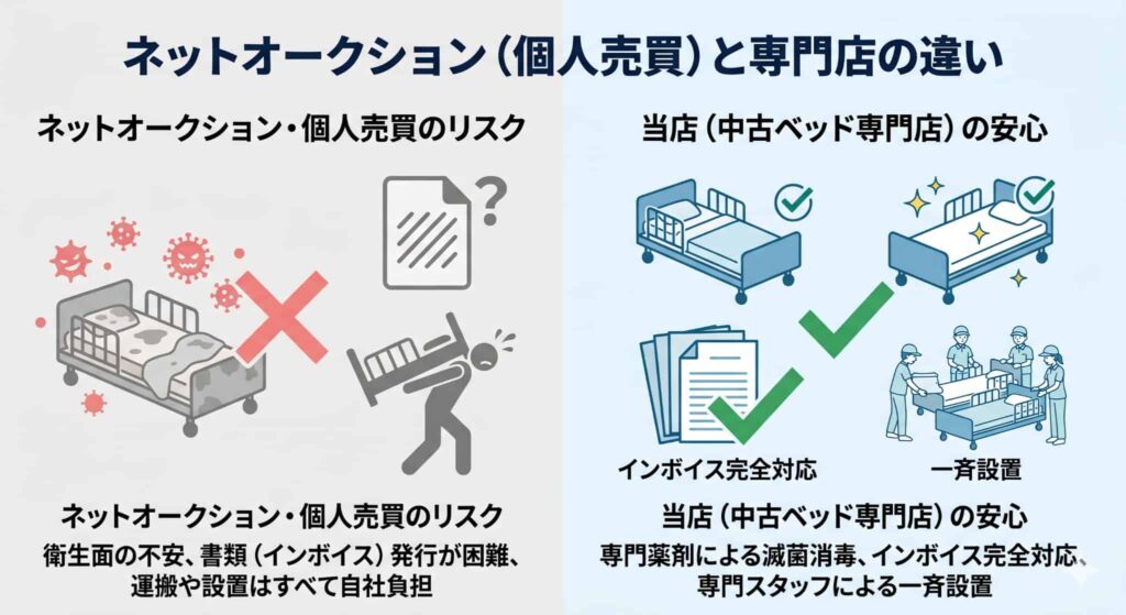 介護ベッドの個人売買におけるリスクと中古専門店で購入するメリットの比較図