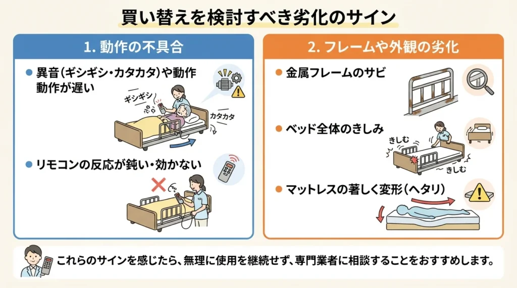 介護ベッド買い替えを検討すべき劣化のサインの図解
