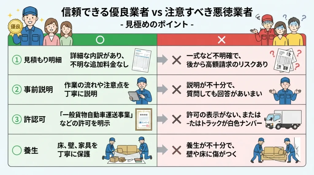 信頼できる介護ベッド回収業者と悪質業者の特徴比較イラスト