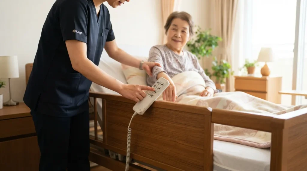 介護ベッドの高さ調整を行いながら介助をサポートする介護者の手とリモコン