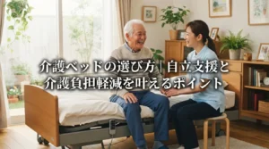 介護ベッドの選び方について介護士と相談しながら笑顔で座る高齢の男性